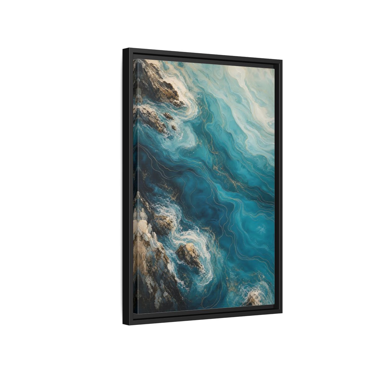 Side Mockup 3. Nature Ocean Waves Blue And Gold shown as stretched canvas wall art