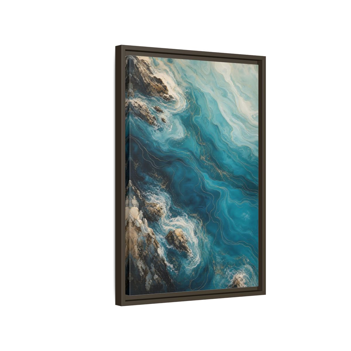 Side Mockup 2. Nature Ocean Waves Blue And Gold shown as stretched canvas wall art