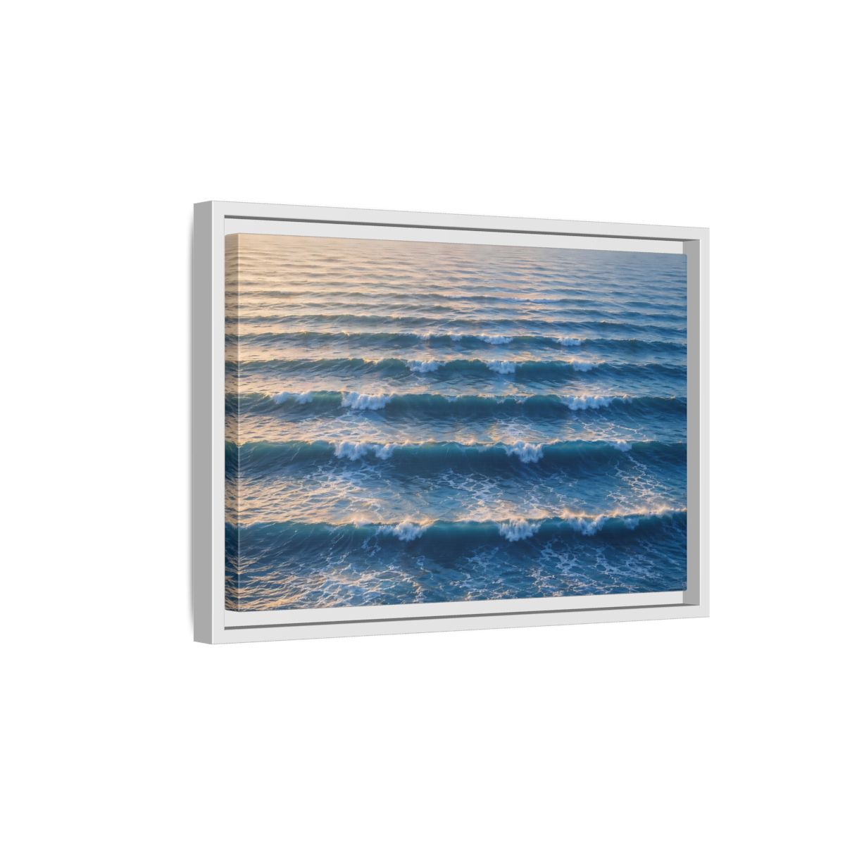 Side Mockup 4. Nature Ocean Waves Blue And Gold Waves shown as stretched canvas wall art