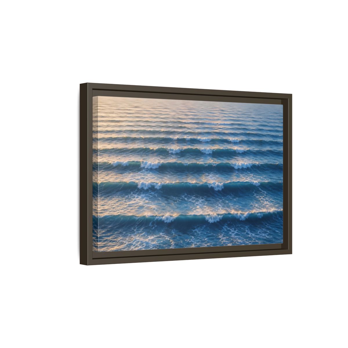 Side Mockup 5. Nature Ocean Waves Blue And Gold Waves shown as stretched canvas wall art