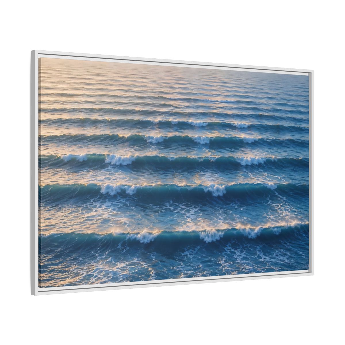 Side Mockup 7. Nature Ocean Waves Blue And Gold Waves shown as stretched canvas wall art
