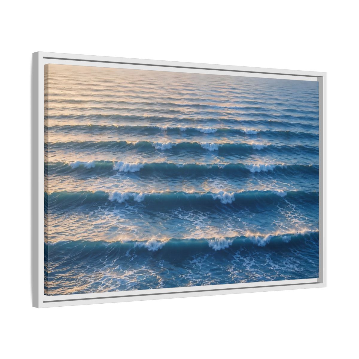 Side Mockup 10. Nature Ocean Waves Blue And Gold Waves shown as stretched canvas wall art