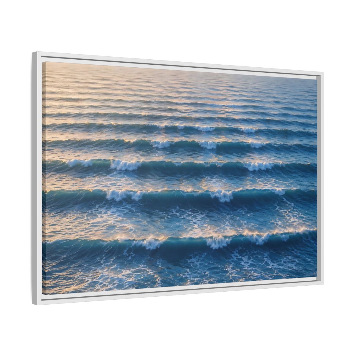 Side Mockup 9. Nature Ocean Waves Blue And Gold Waves shown as stretched canvas wall art