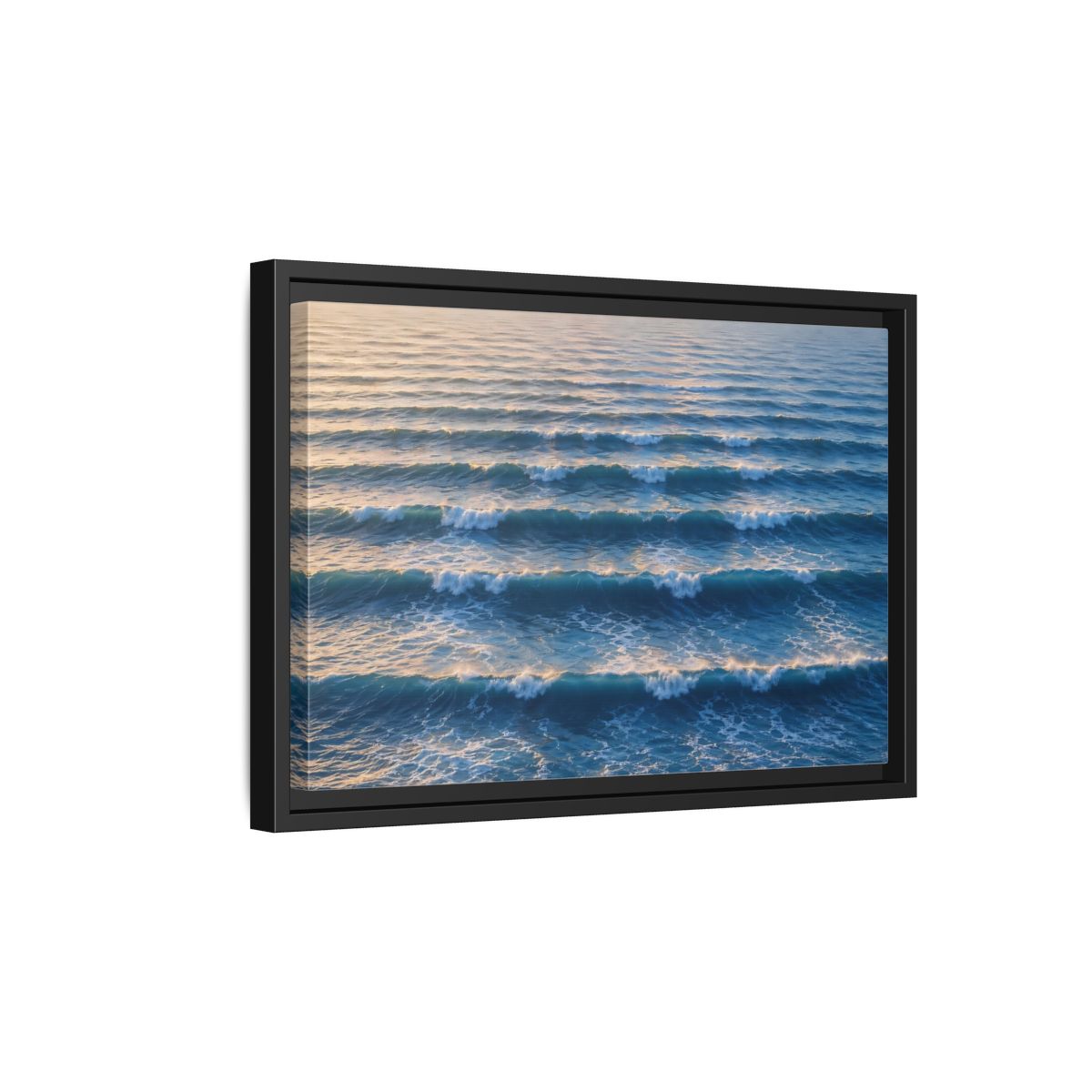 Side Mockup 6. Nature Ocean Waves Blue And Gold Waves shown as stretched canvas wall art