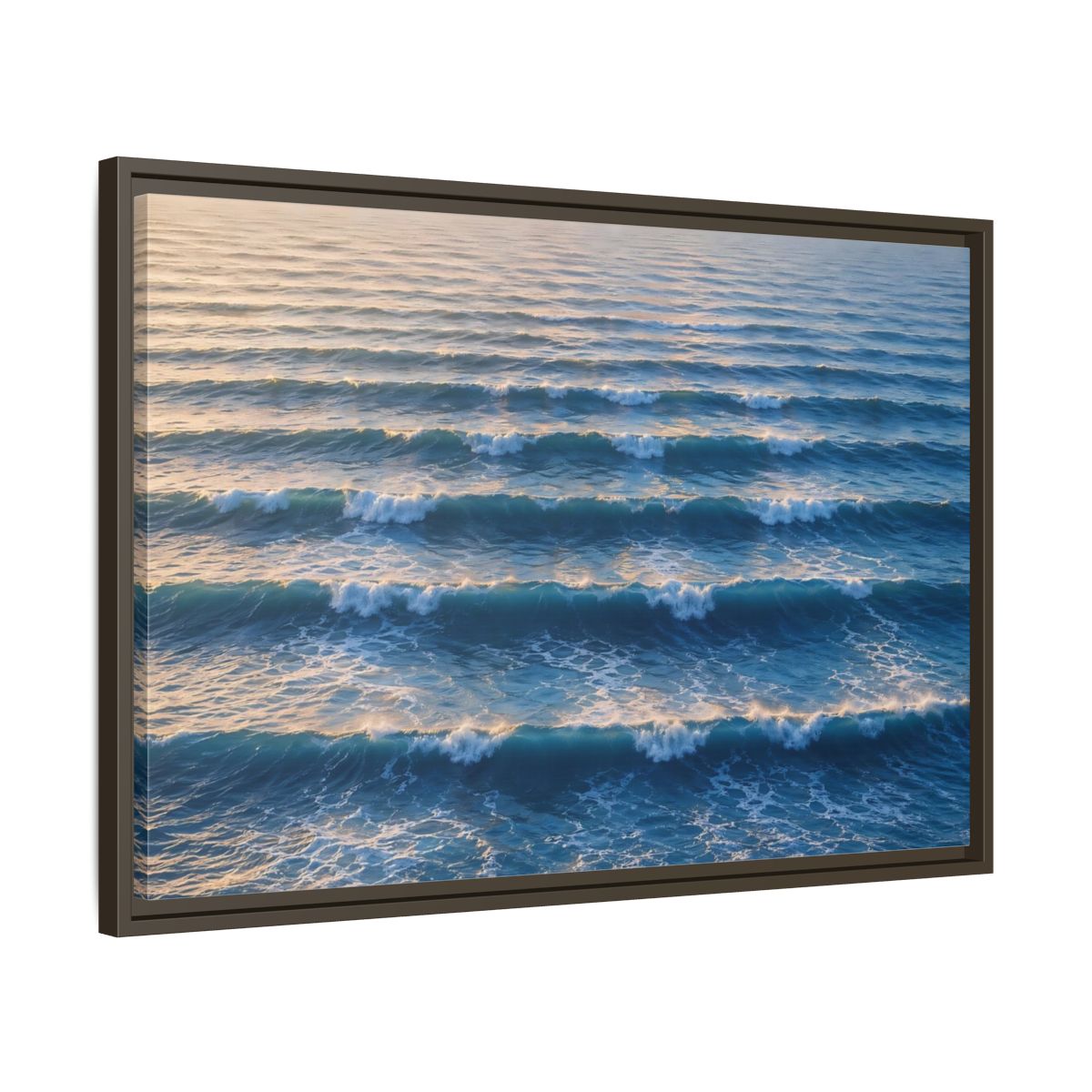 Side Mockup 11. Nature Ocean Waves Blue And Gold Waves shown as stretched canvas wall art