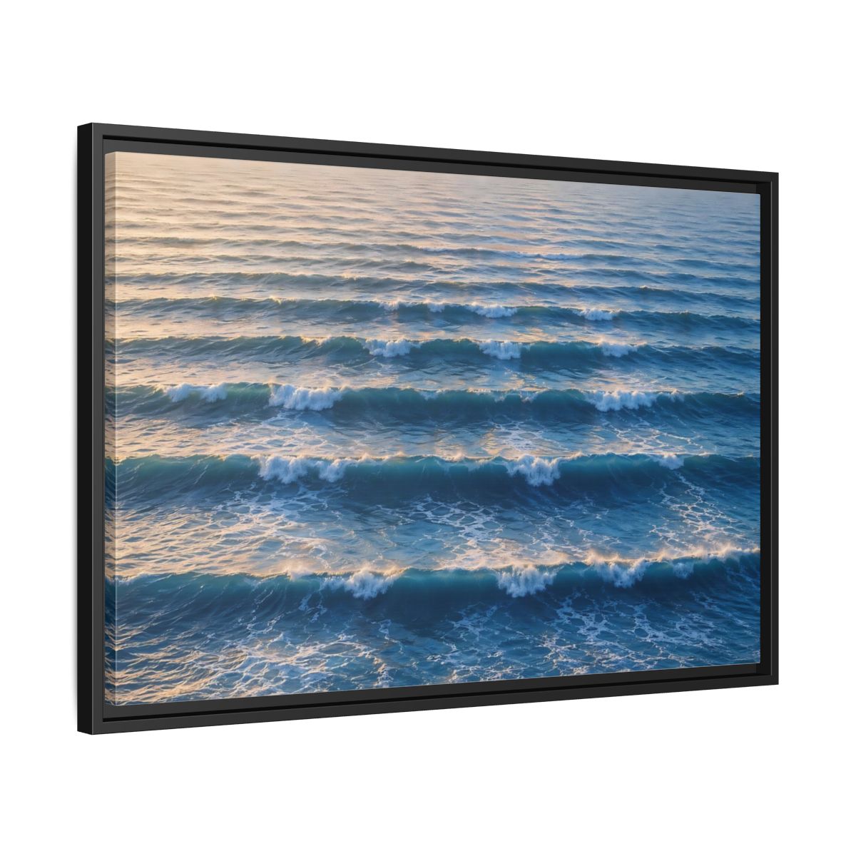 Side Mockup 14. Nature Ocean Waves Blue And Gold Waves shown as stretched canvas wall art