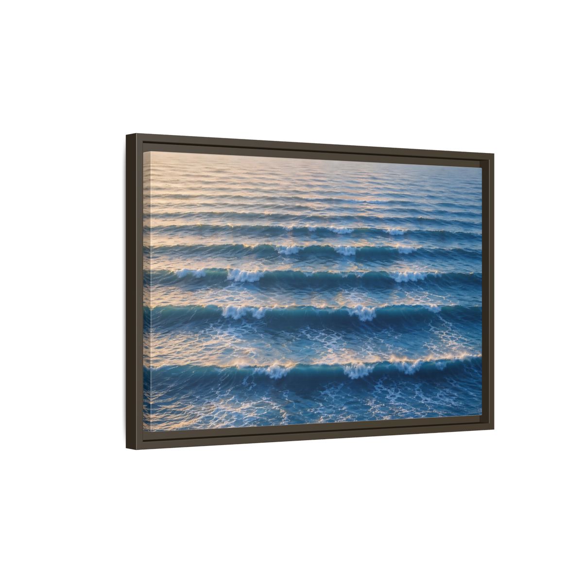 Side Mockup 2. Nature Ocean Waves Blue And Gold Waves shown as stretched canvas wall art
