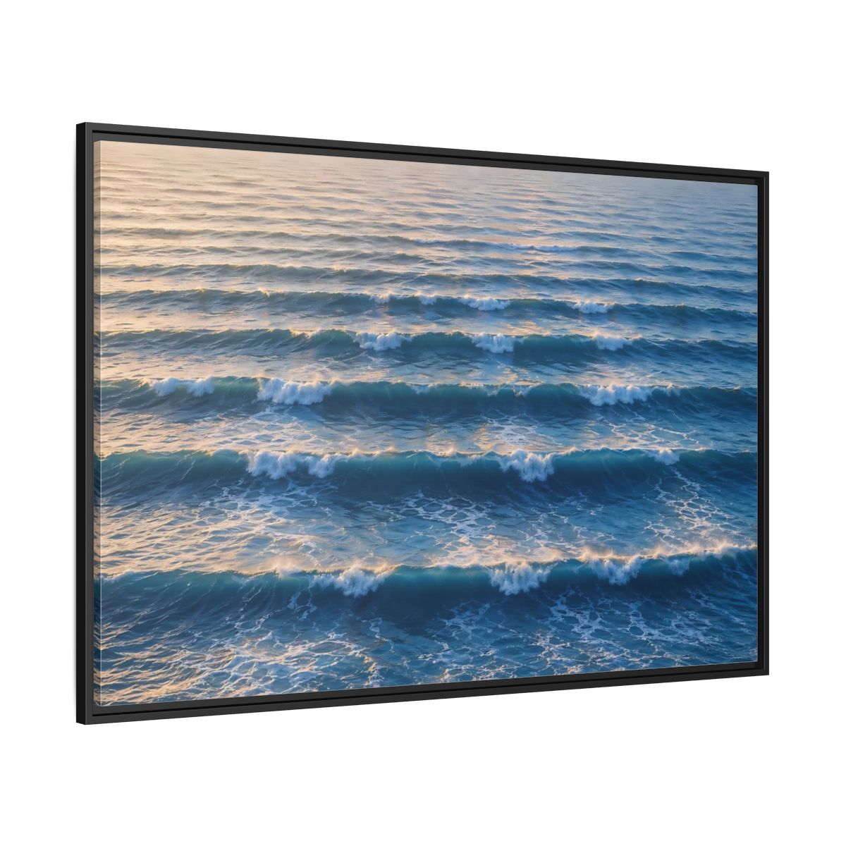 Side Mockup 12. Nature Ocean Waves Blue And Gold Waves shown as stretched canvas wall art