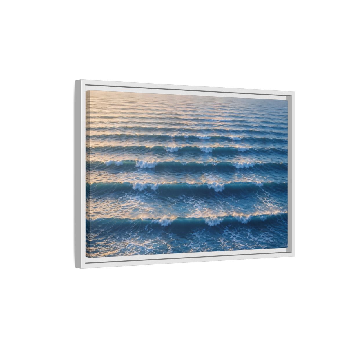 Side Mockup 1. Nature Ocean Waves Blue And Gold Waves shown as stretched canvas wall art