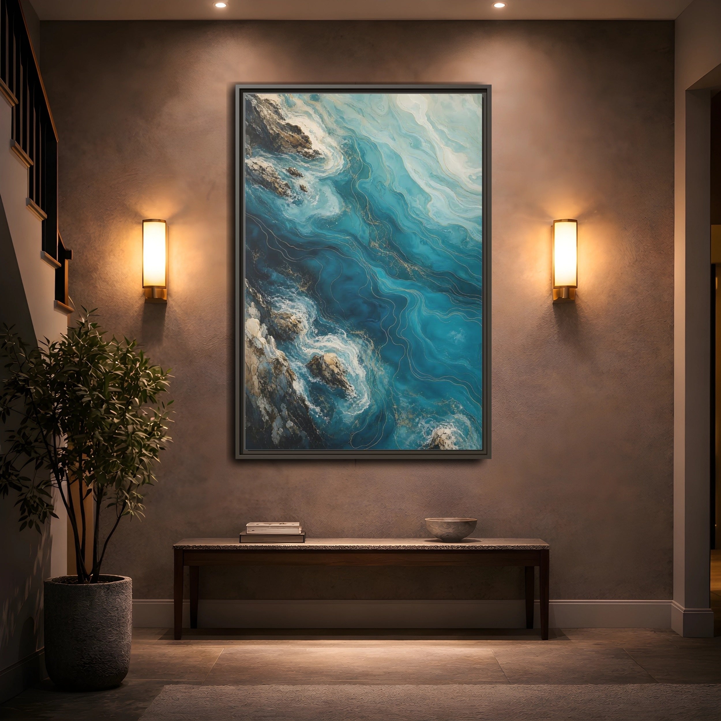 Mockup 2. Nature Ocean Waves Blue And Gold shown as stretched canvas wall art
