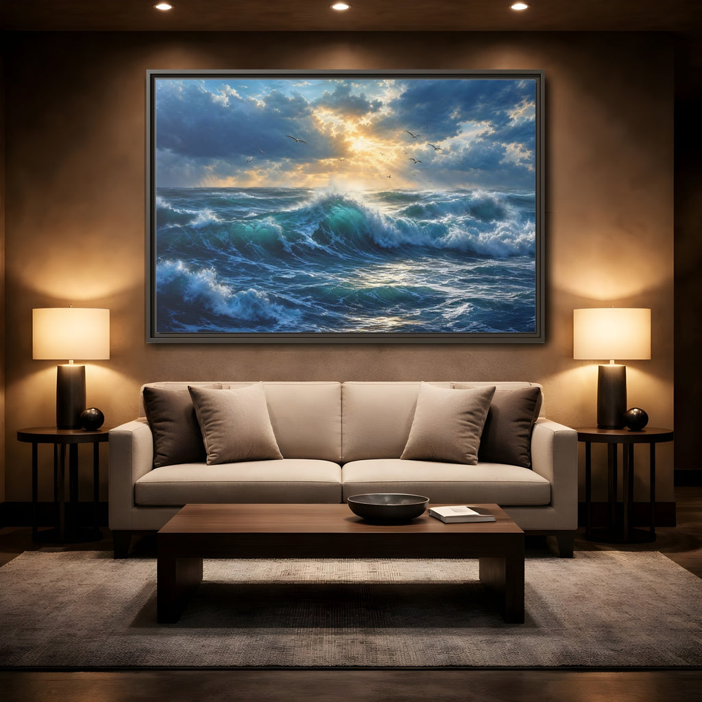 Mockup 2. Nature Ocean Waves Blue And Gold shown as stretched canvas wall art