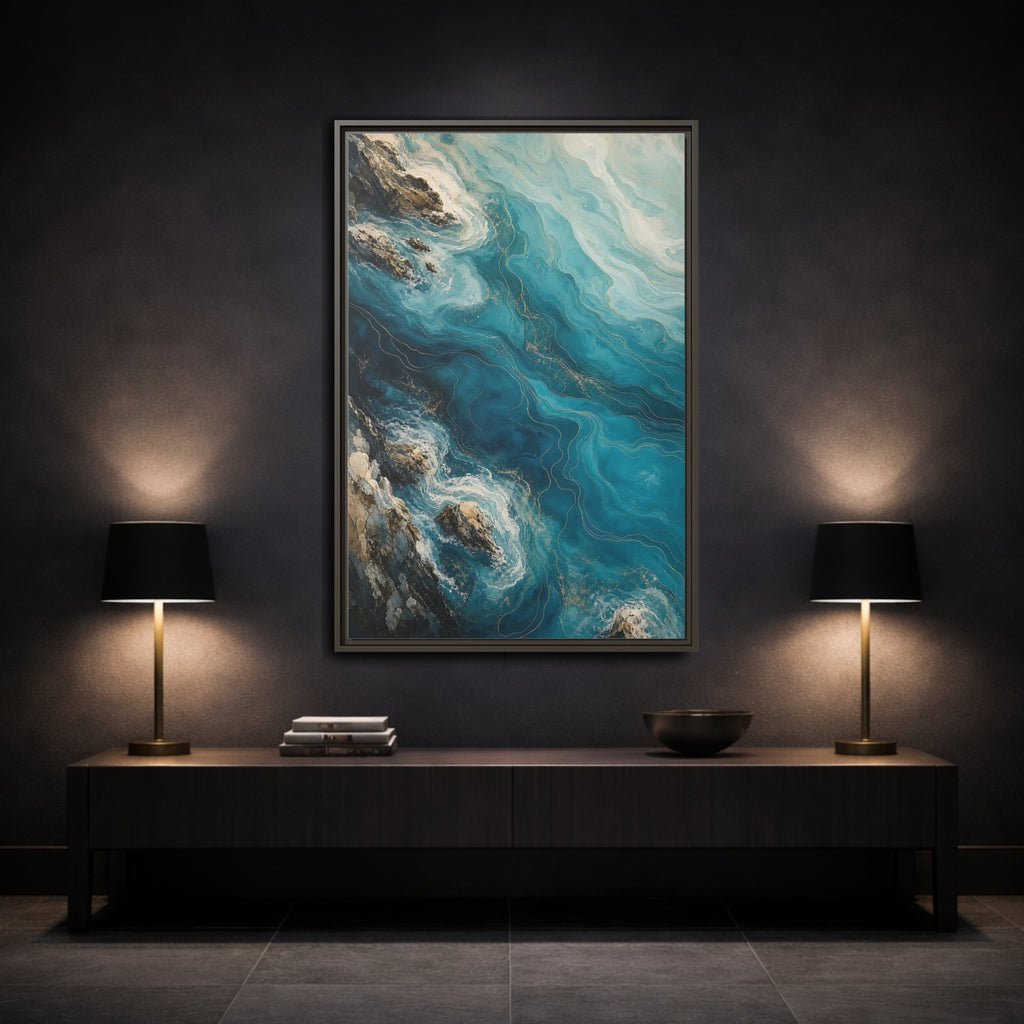 Mockup 3. Nature Ocean Waves Blue And Gold shown as stretched canvas wall art