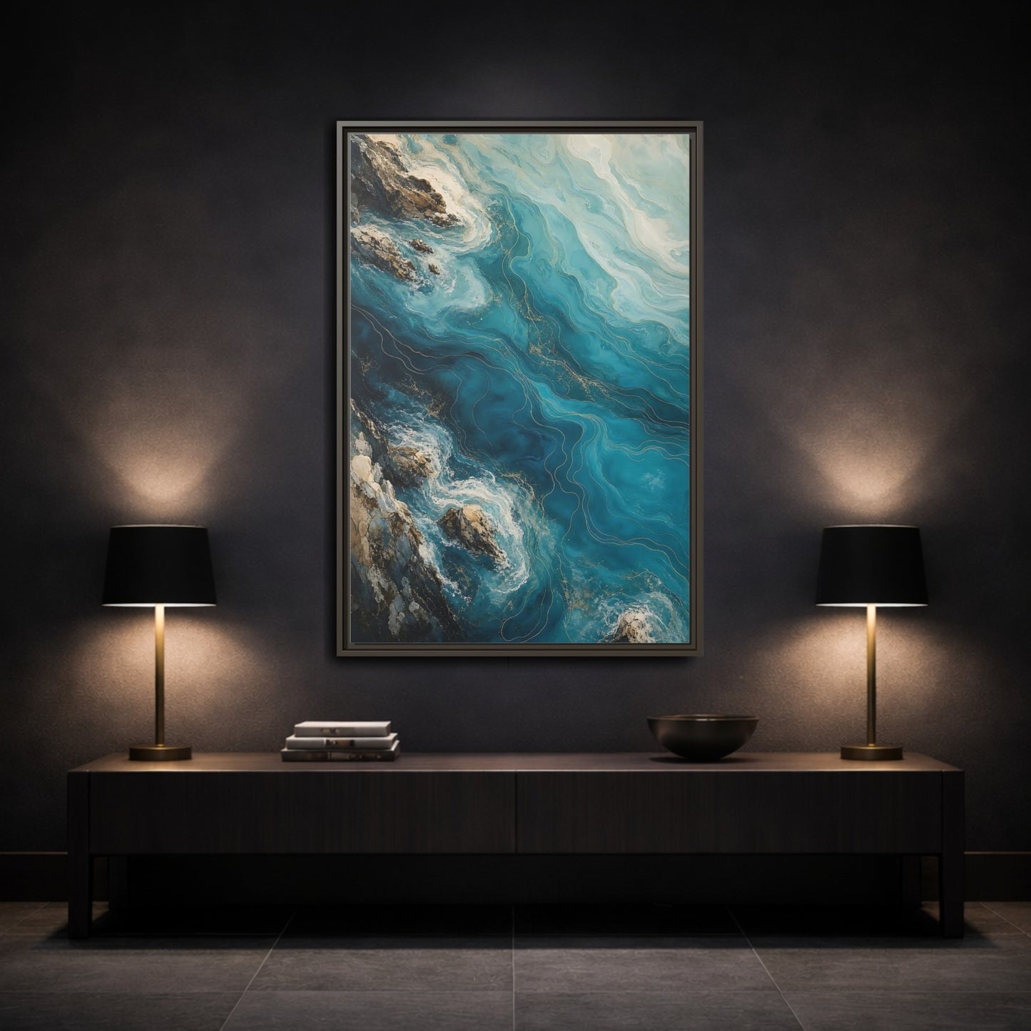 Mockup 3. Nature Ocean Waves Blue And Gold shown as stretched canvas wall art