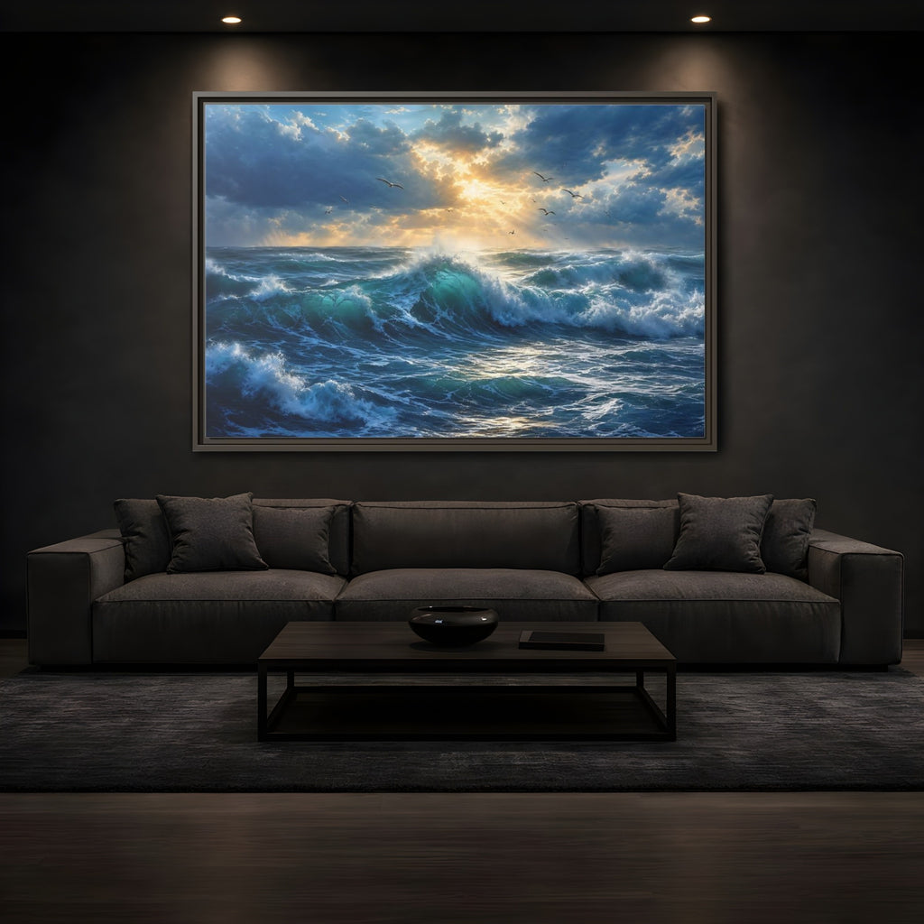 Mockup 3. Nature Ocean Waves Blue And Gold shown as stretched canvas wall art