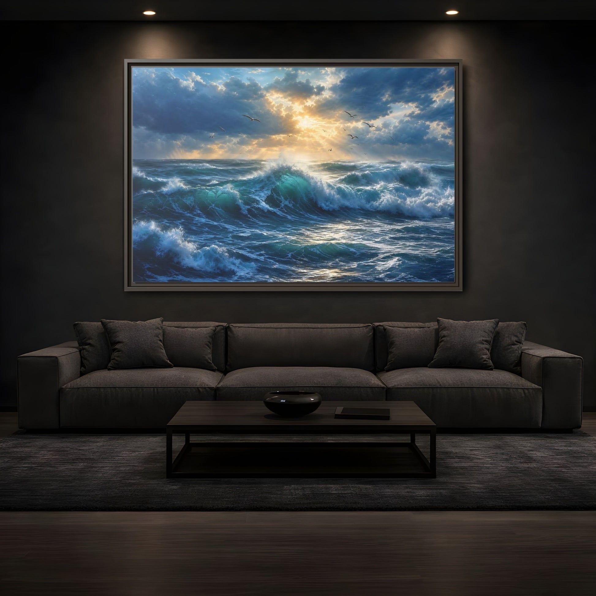 Mockup 3. Nature Ocean Waves Blue And Gold shown as stretched canvas wall art