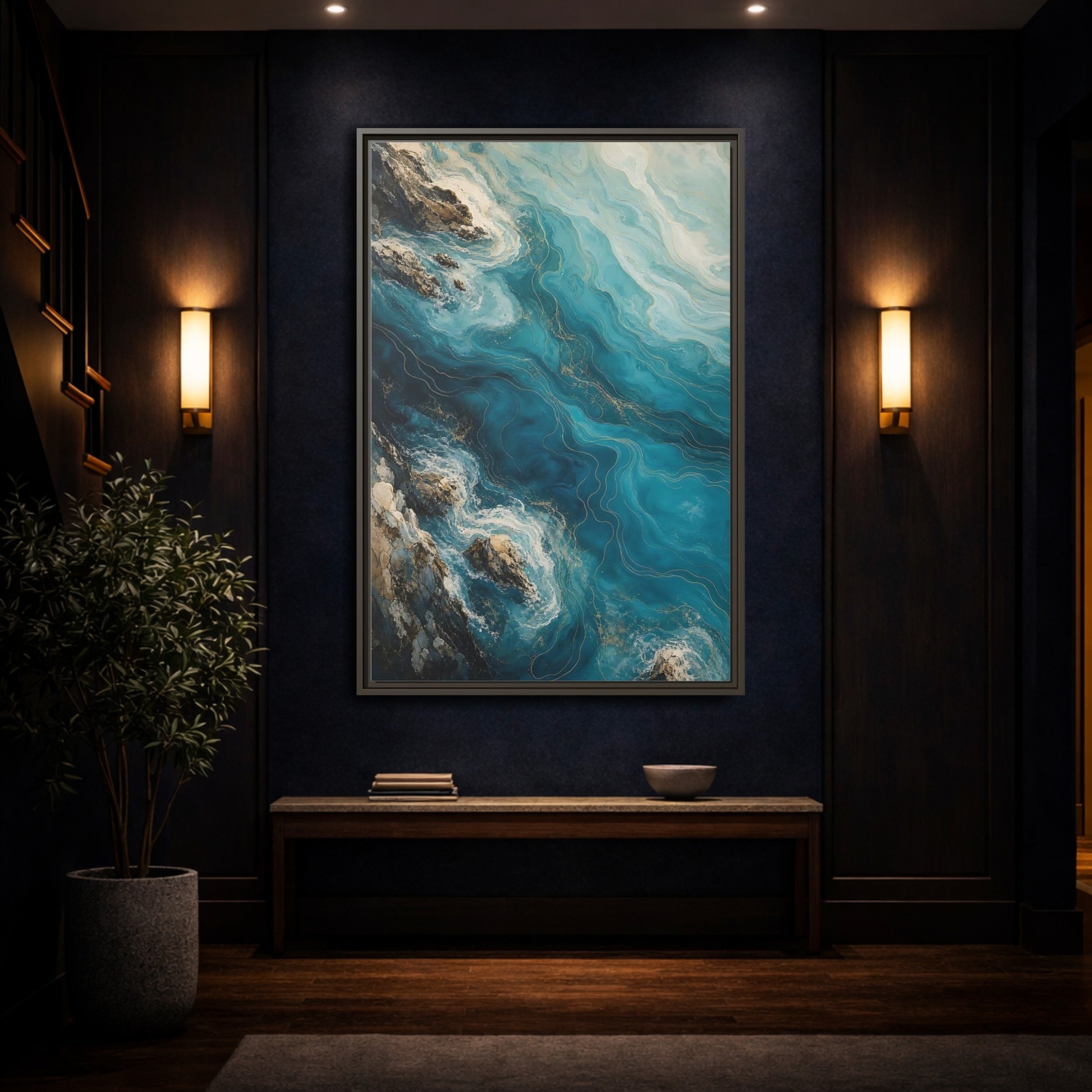 Mockup 4. Nature Ocean Waves Blue And Gold shown as stretched canvas wall art