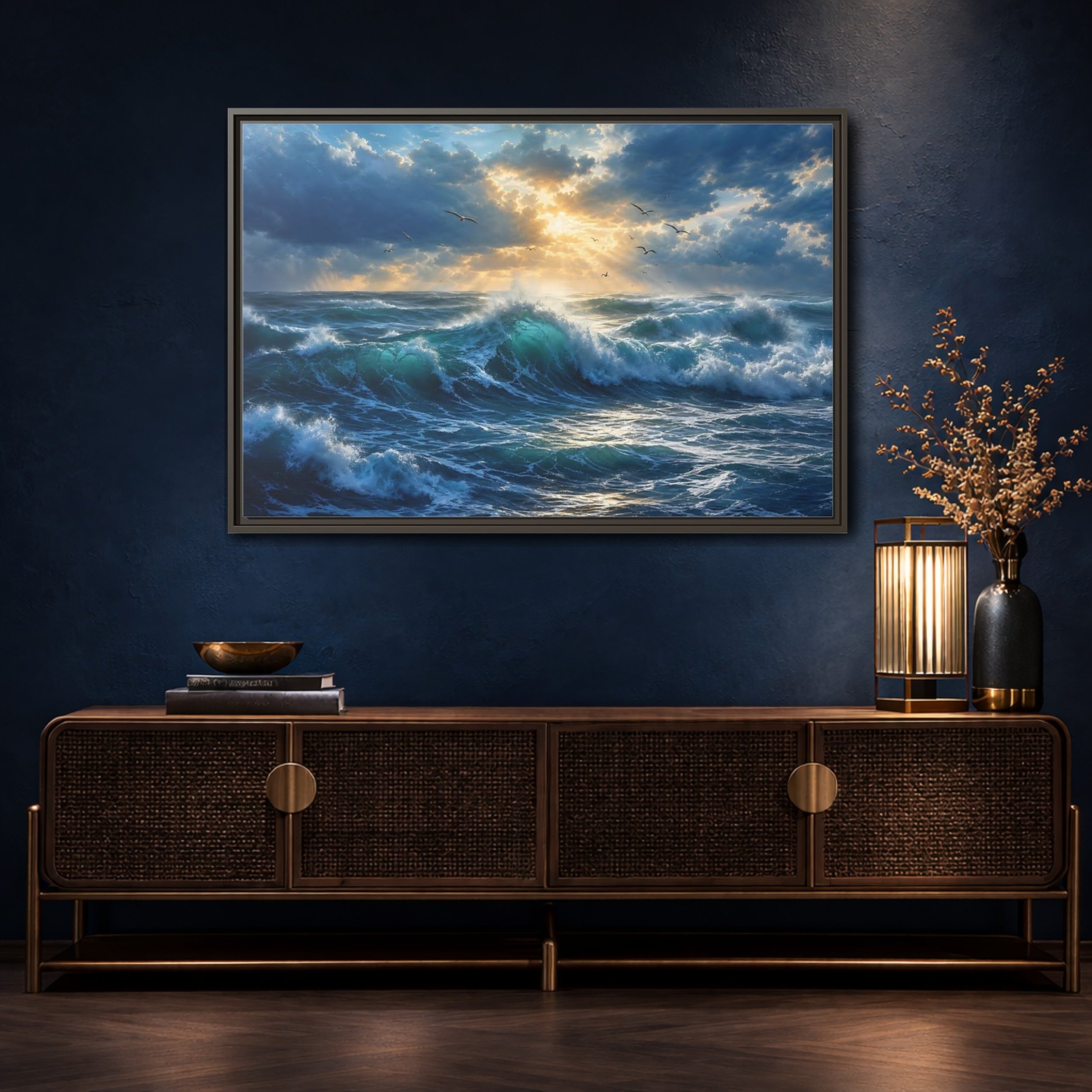 Mockup 4. Nature Ocean Waves Blue And Gold shown as stretched canvas wall art