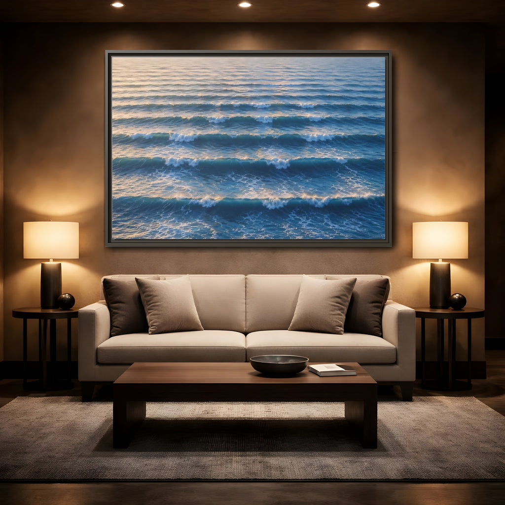 Mockup 2. Nature Ocean Waves Blue And Gold Waves shown as stretched canvas wall art