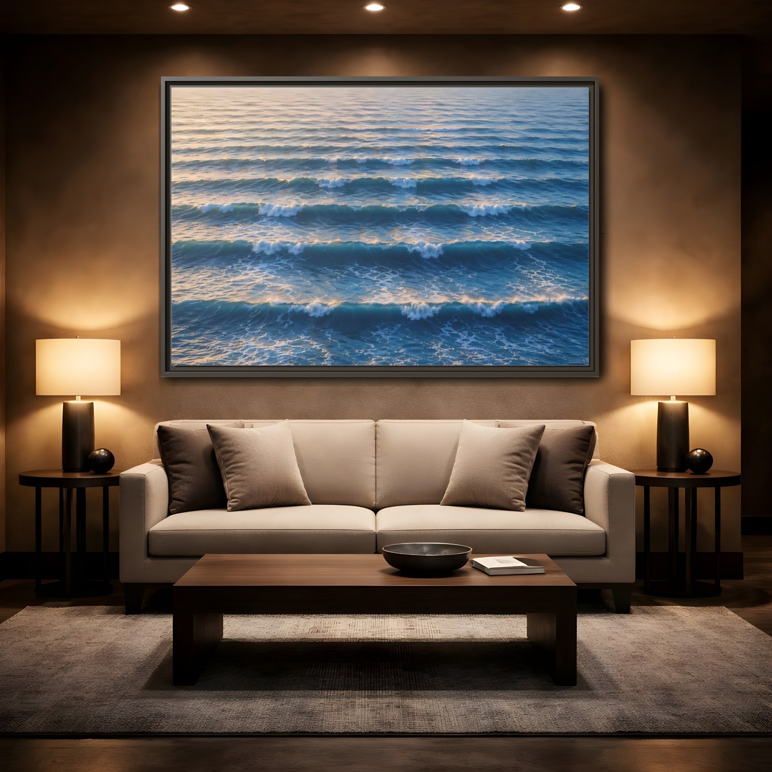 Mockup 2. Nature Ocean Waves Blue And Gold Waves shown as stretched canvas wall art