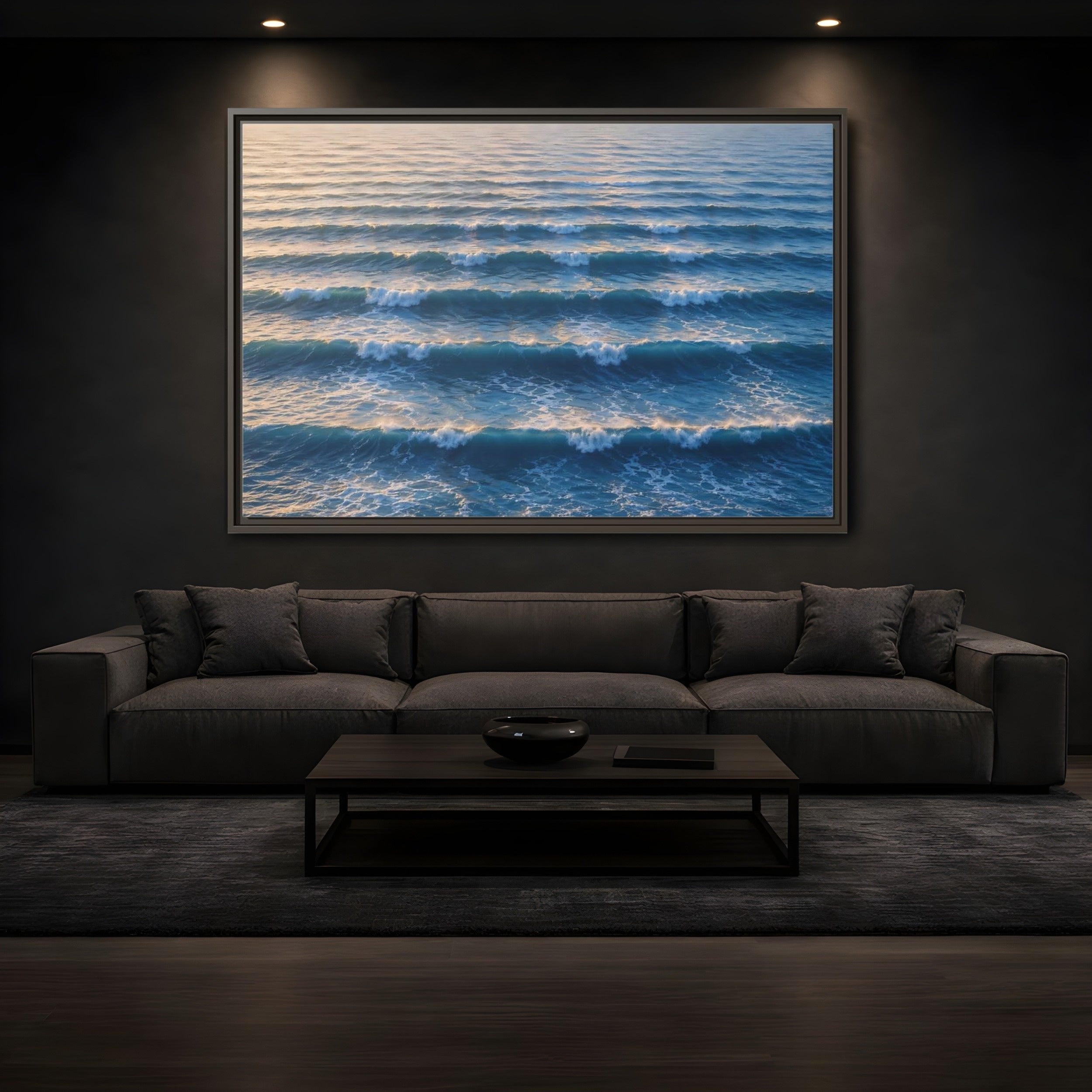 Mockup 3. Nature Ocean Waves Blue And Gold Waves shown as stretched canvas wall art