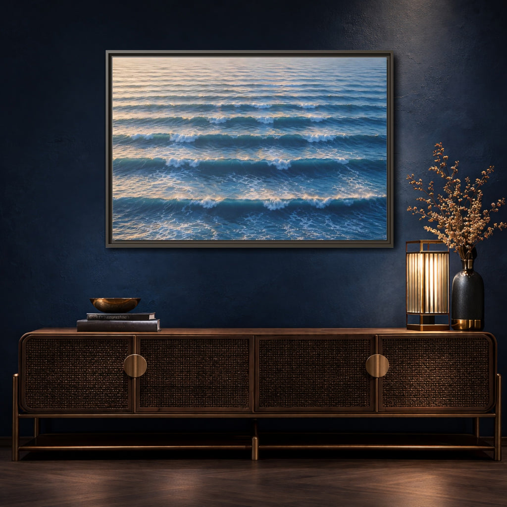 Mockup 4. Nature Ocean Waves Blue And Gold Waves shown as stretched canvas wall art