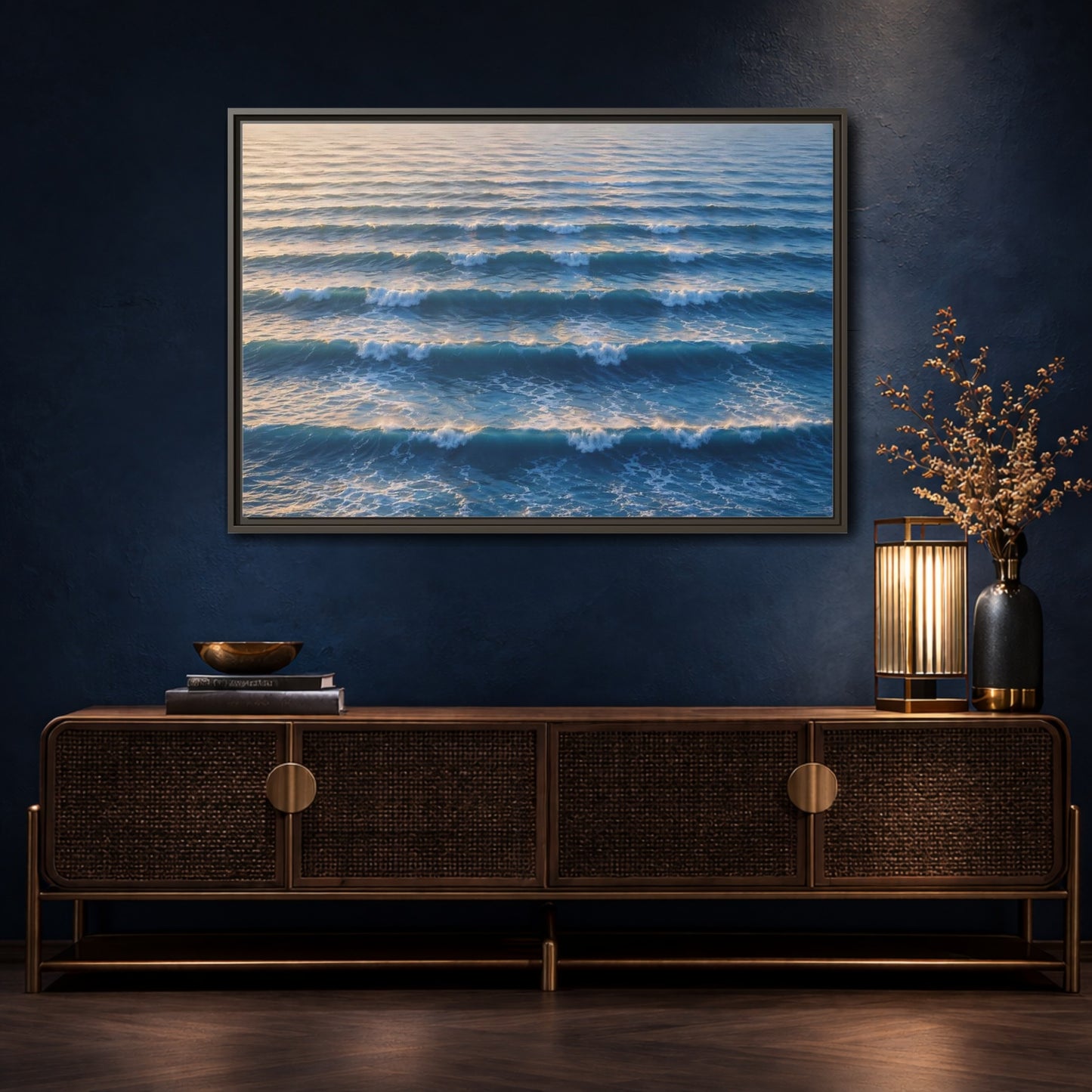 Mockup 4. Nature Ocean Waves Blue And Gold Waves shown as stretched canvas wall art