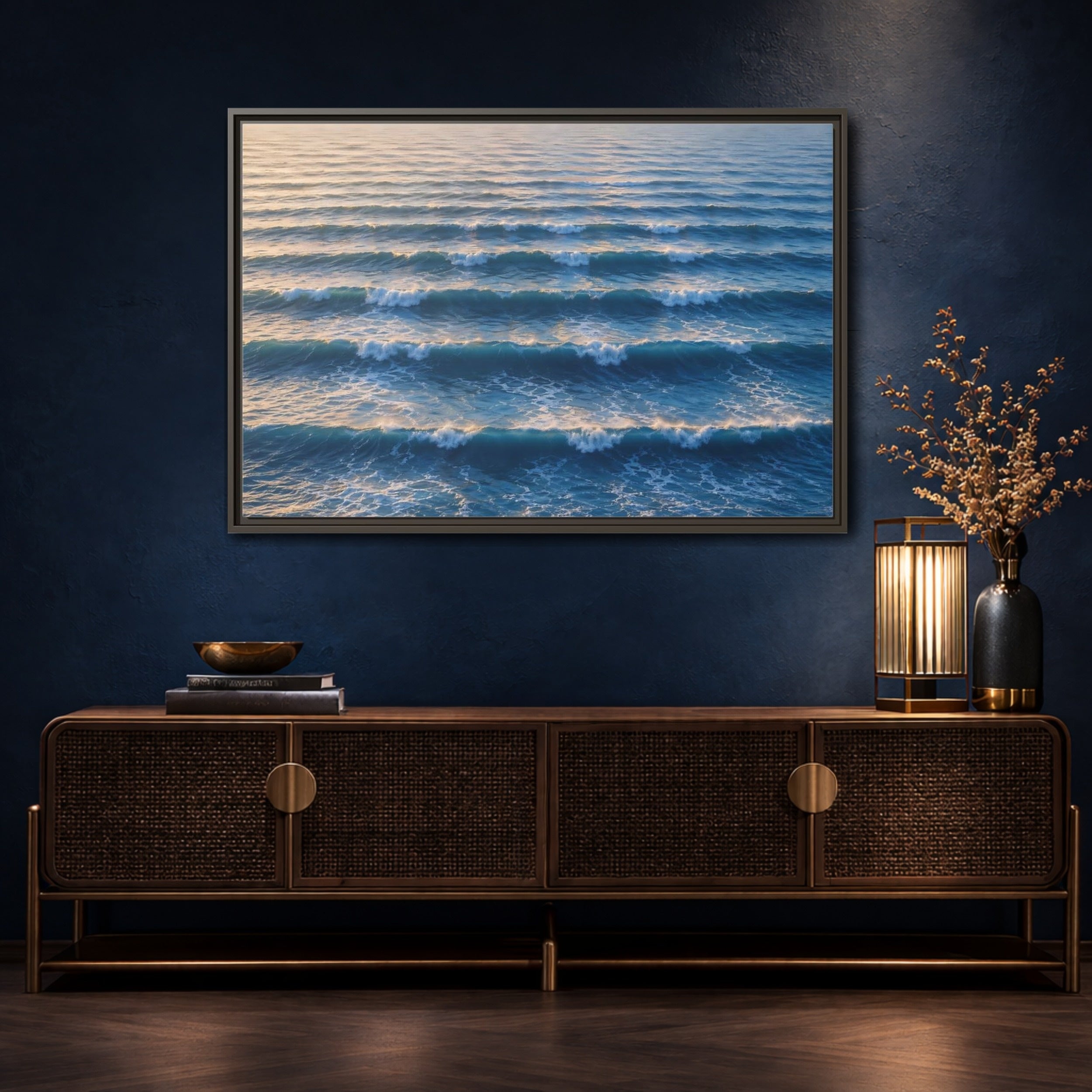Mockup 4. Nature Ocean Waves Blue And Gold Waves shown as stretched canvas wall art