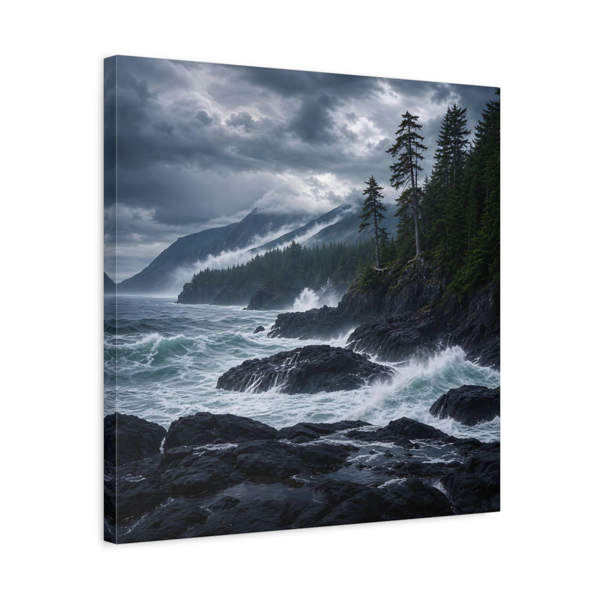 Side Mockup 5. Nature Ocean Waves Dark Teal And Grey shown as stretched canvas wall art