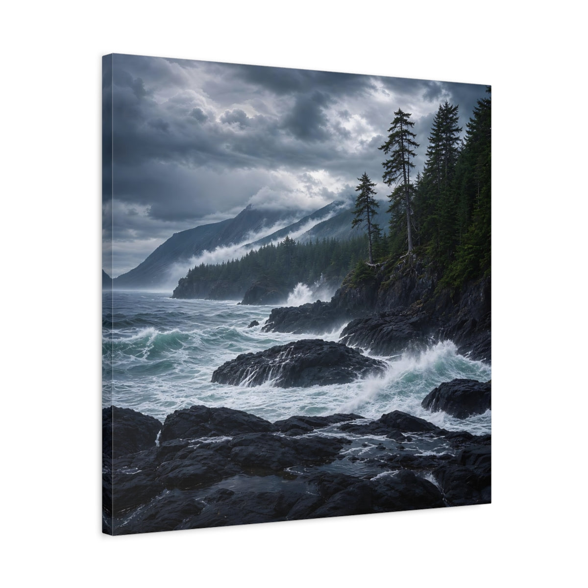 Side Mockup 4. Nature Ocean Waves Dark Teal And Grey shown as stretched canvas wall art