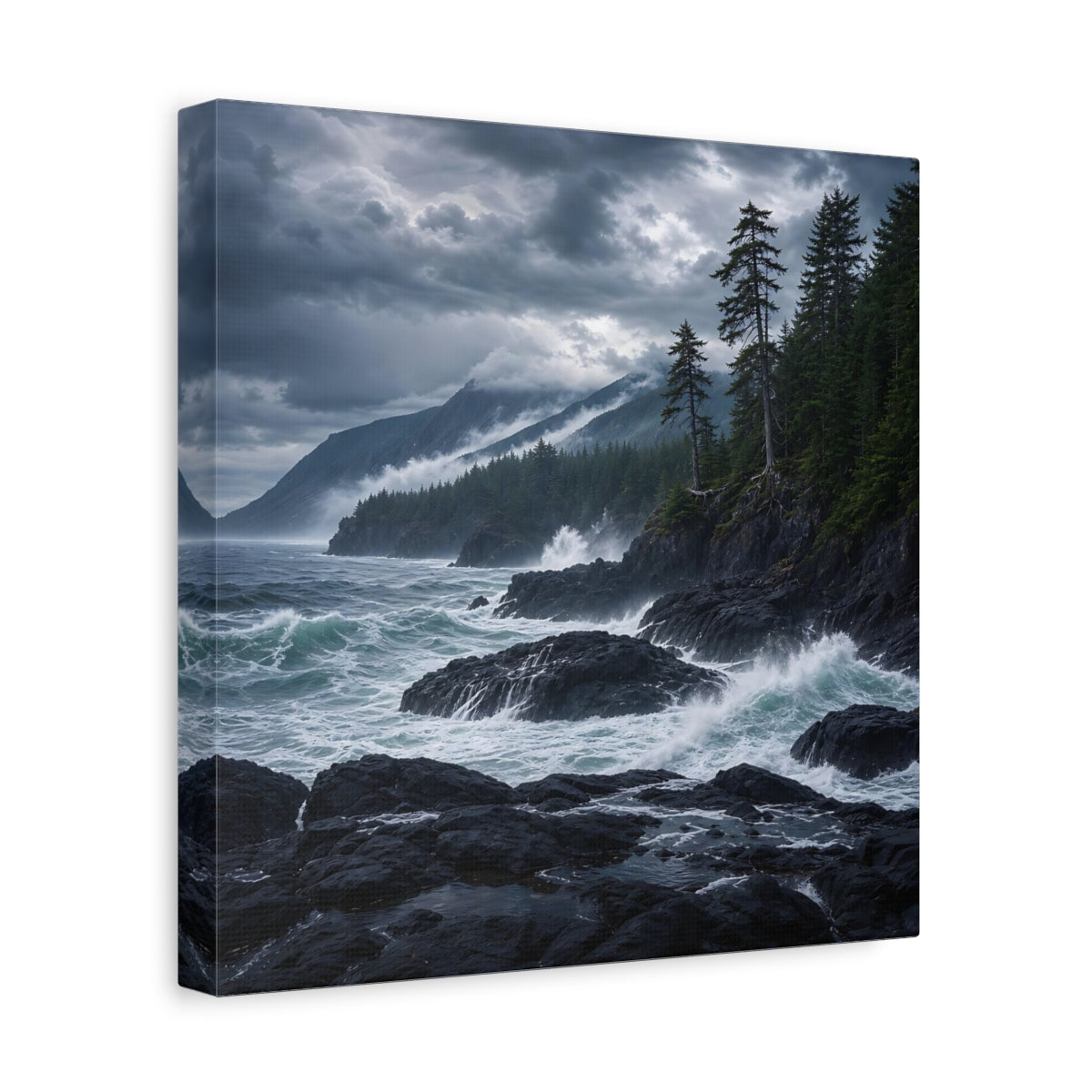 Side Mockup 8. Nature Ocean Waves Dark Teal And Grey shown as stretched canvas wall art