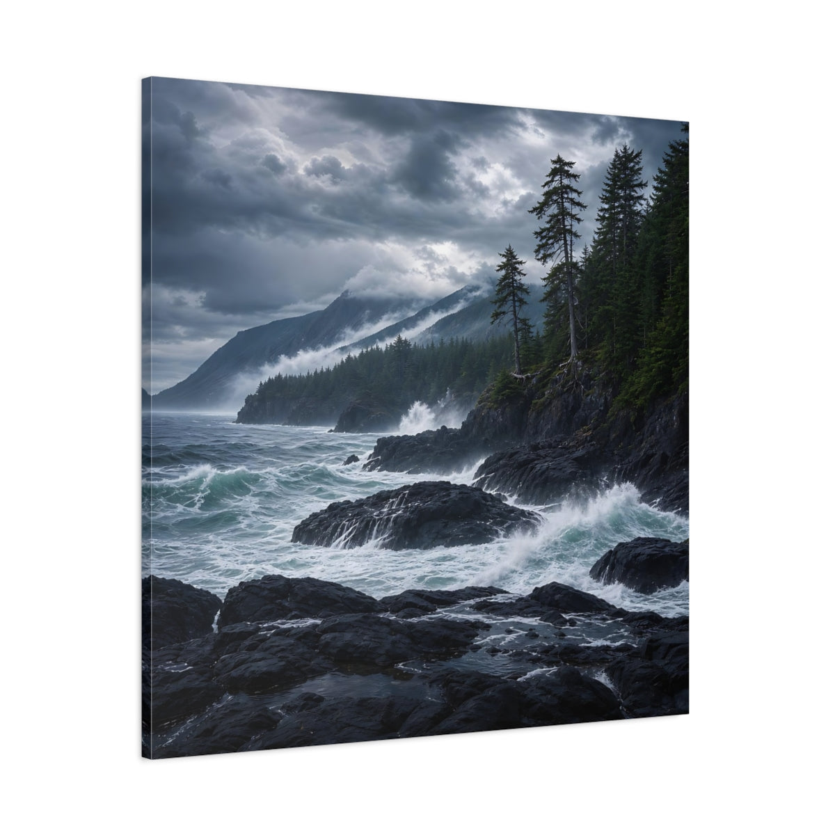 Side Mockup 1. Nature Ocean Waves Dark Teal And Grey shown as stretched canvas wall art