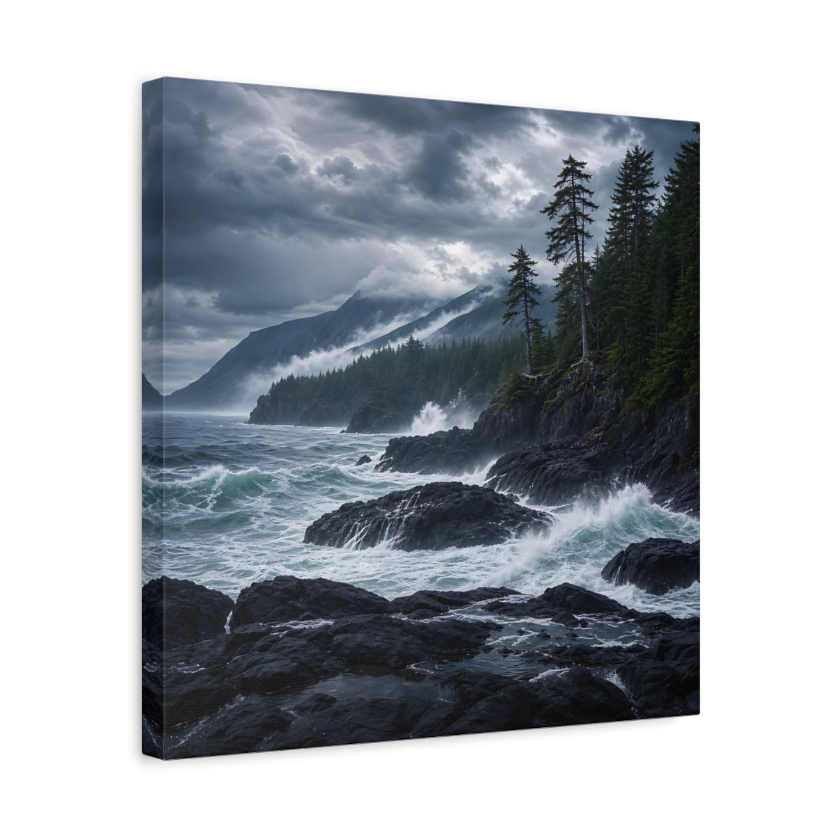 Side Mockup 6. Nature Ocean Waves Dark Teal And Grey shown as stretched canvas wall art