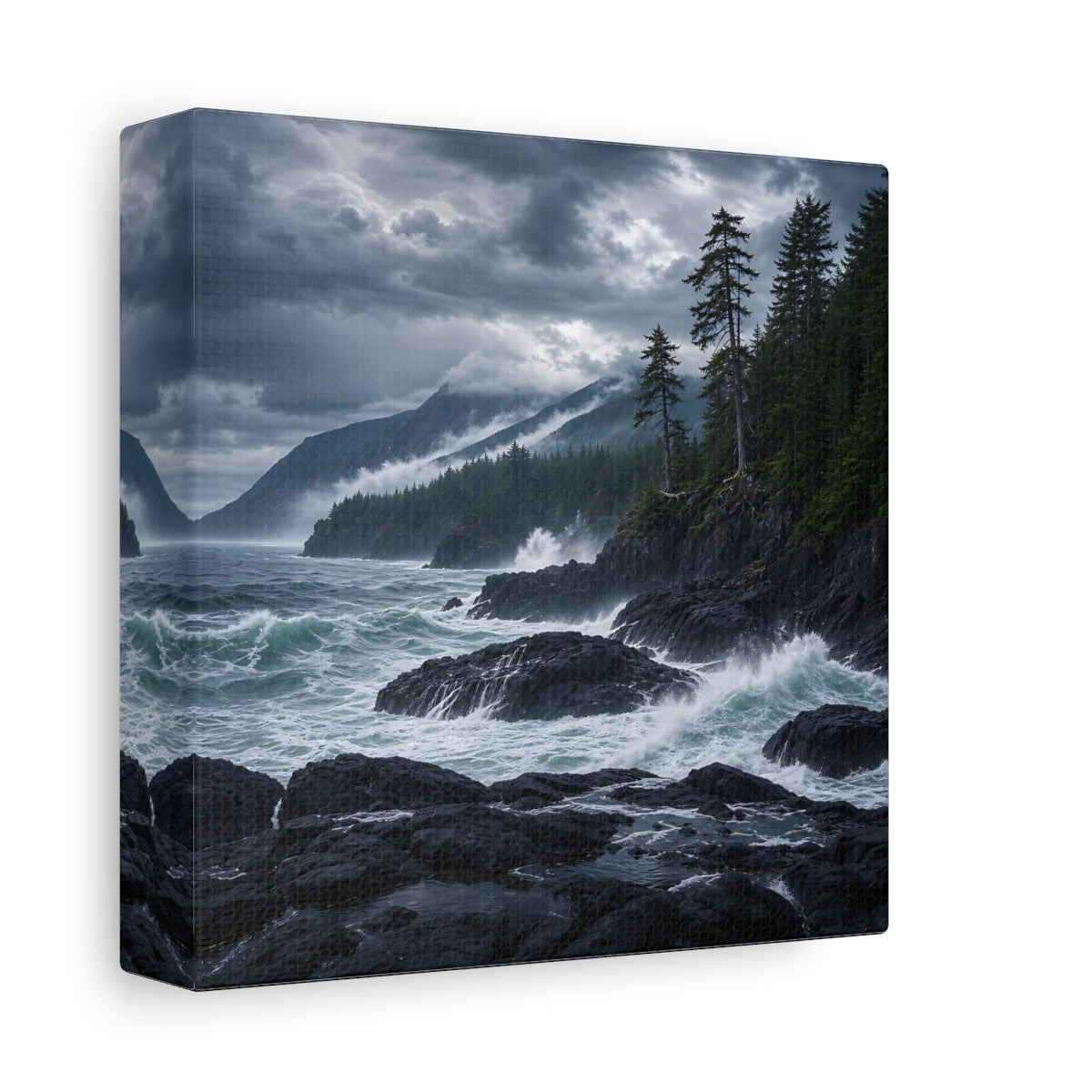 Side Mockup 2. Nature Ocean Waves Dark Teal And Grey shown as stretched canvas wall art