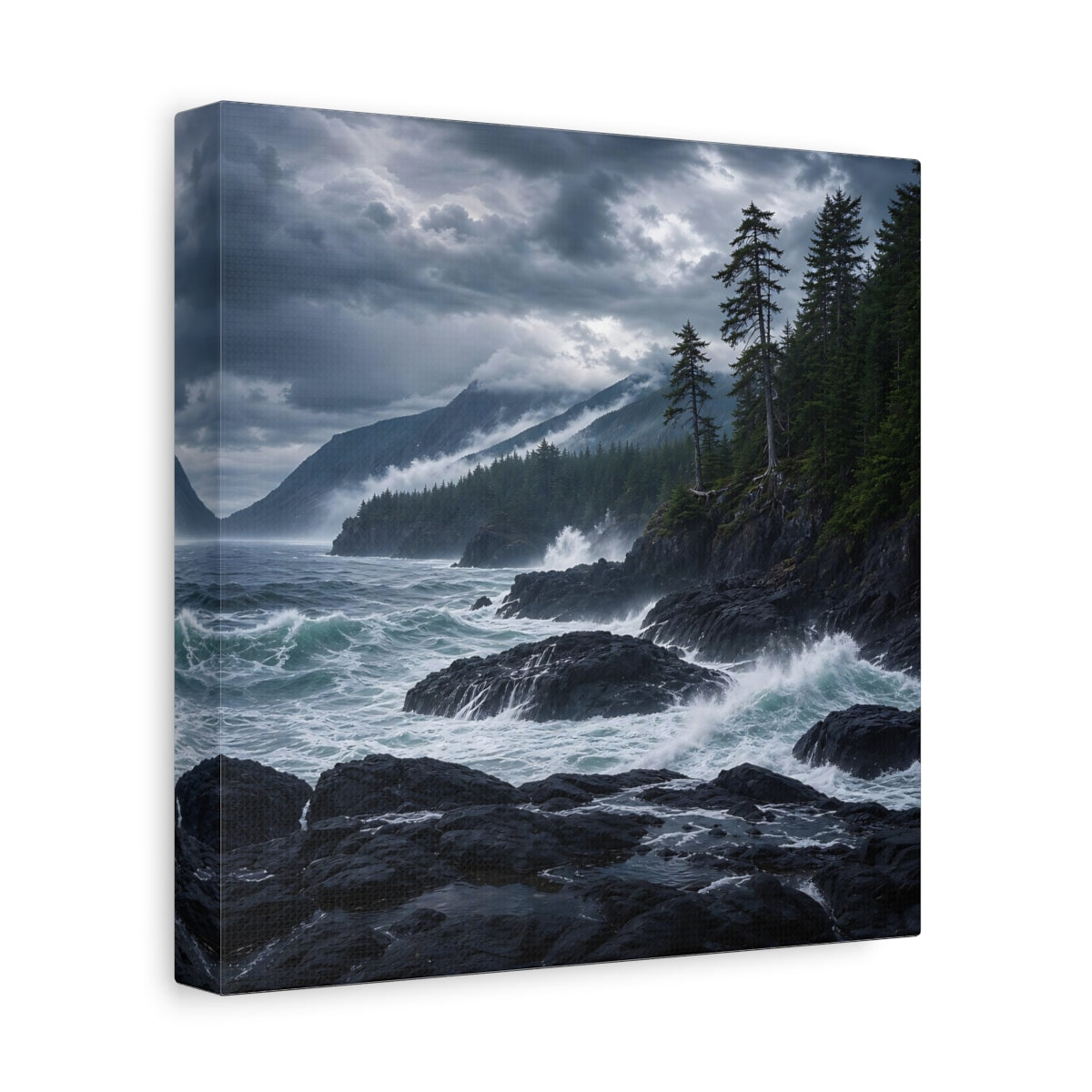 Side Mockup 9. Nature Ocean Waves Dark Teal And Grey shown as stretched canvas wall art
