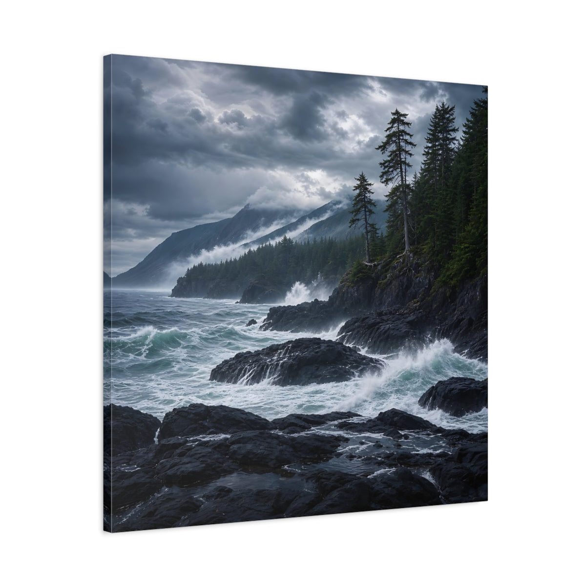 Side Mockup 3. Nature Ocean Waves Dark Teal And Grey shown as stretched canvas wall art