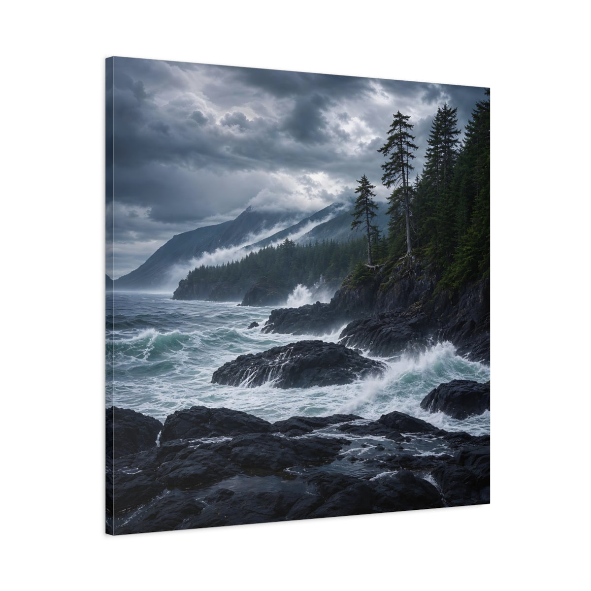 Main Mockup. Nature Ocean Waves Dark Teal And Grey shown as stretched canvas wall art