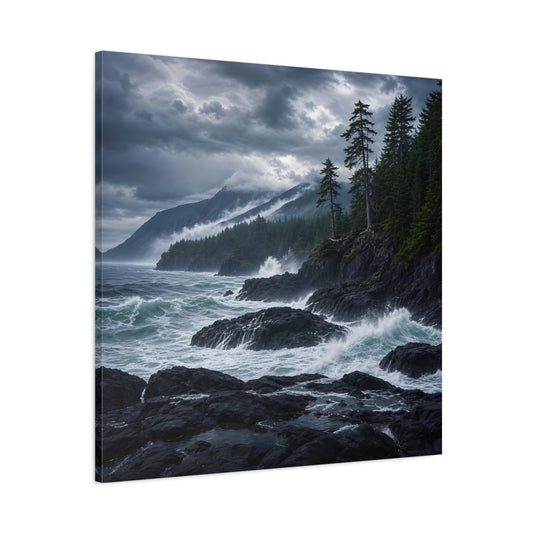 Main Mockup. Nature Ocean Waves Dark Teal And Grey shown as stretched canvas wall art