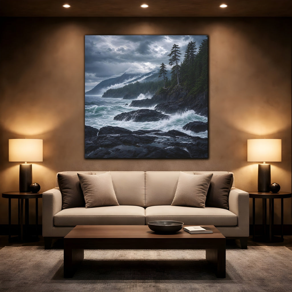 Mockup 2. Nature Ocean Waves Dark Teal And Grey shown as stretched canvas wall art