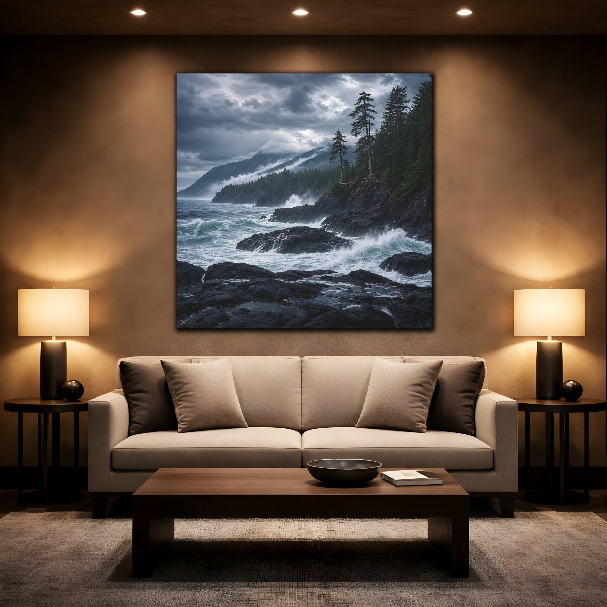 Mockup 2. Nature Ocean Waves Dark Teal And Grey shown as stretched canvas wall art