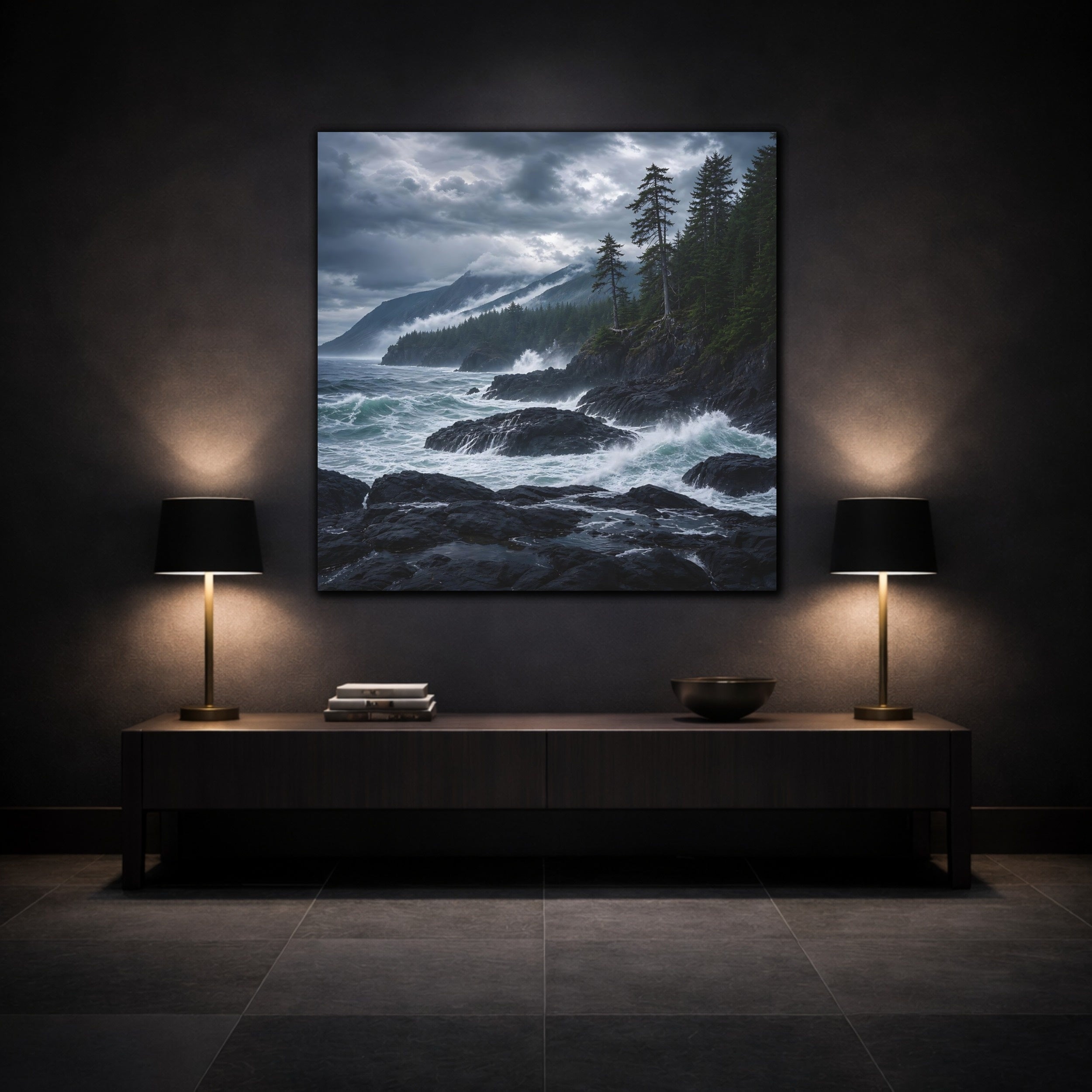 Mockup 3. Nature Ocean Waves Dark Teal And Grey shown as stretched canvas wall art