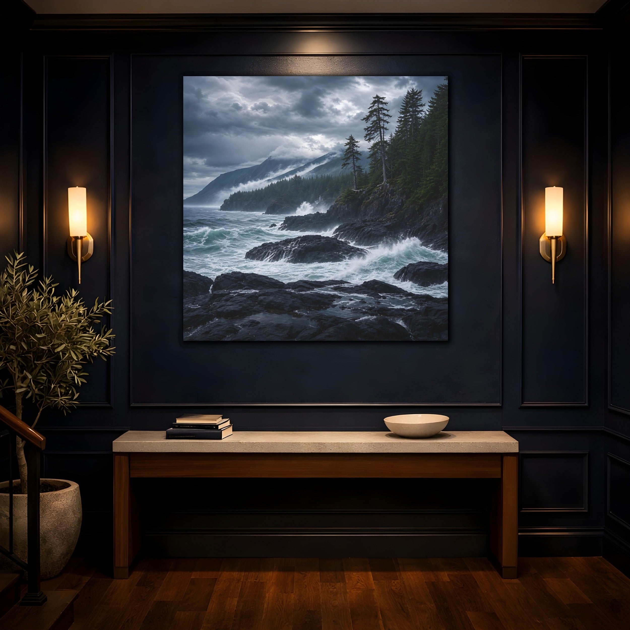 Mockup 4. Nature Ocean Waves Dark Teal And Grey shown as stretched canvas wall art