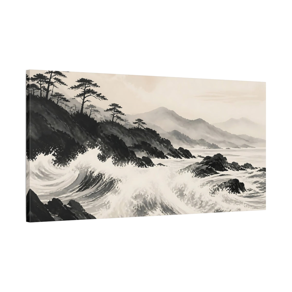 Main Mockup. Nature Ocean Waves Monochrome Landscape shown as stretched canvas wall art