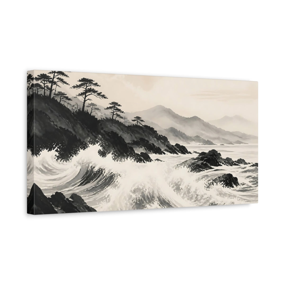 Side Mockup 3. Nature Ocean Waves Monochrome Landscape shown as stretched canvas wall art