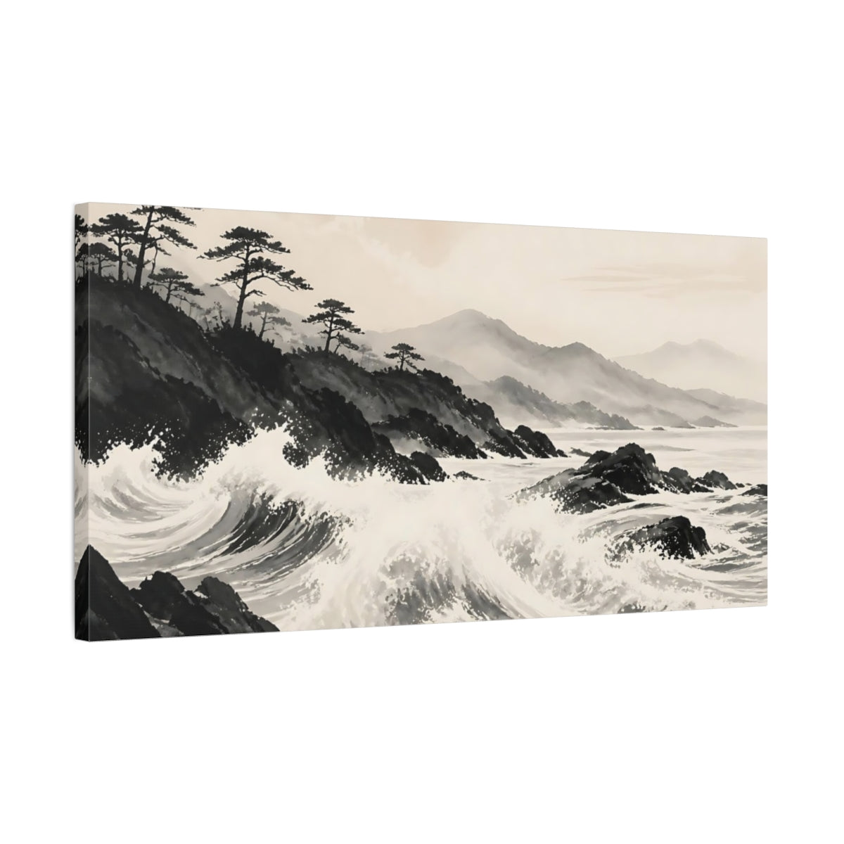 Side Mockup 1. Nature Ocean Waves Monochrome Landscape shown as stretched canvas wall art