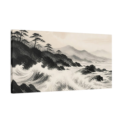 Side Mockup 1. Nature Ocean Waves Monochrome Landscape shown as stretched canvas wall art