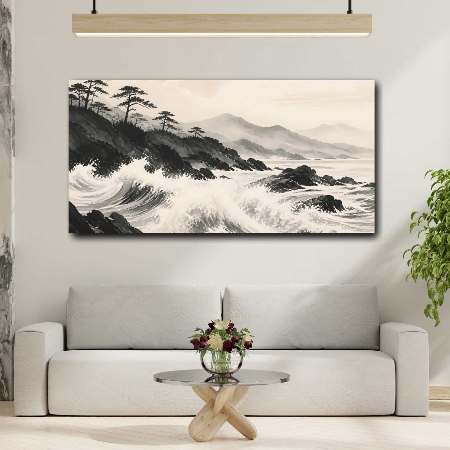 Mockup 2. Nature Ocean Waves Monochrome Landscape shown as stretched canvas wall art