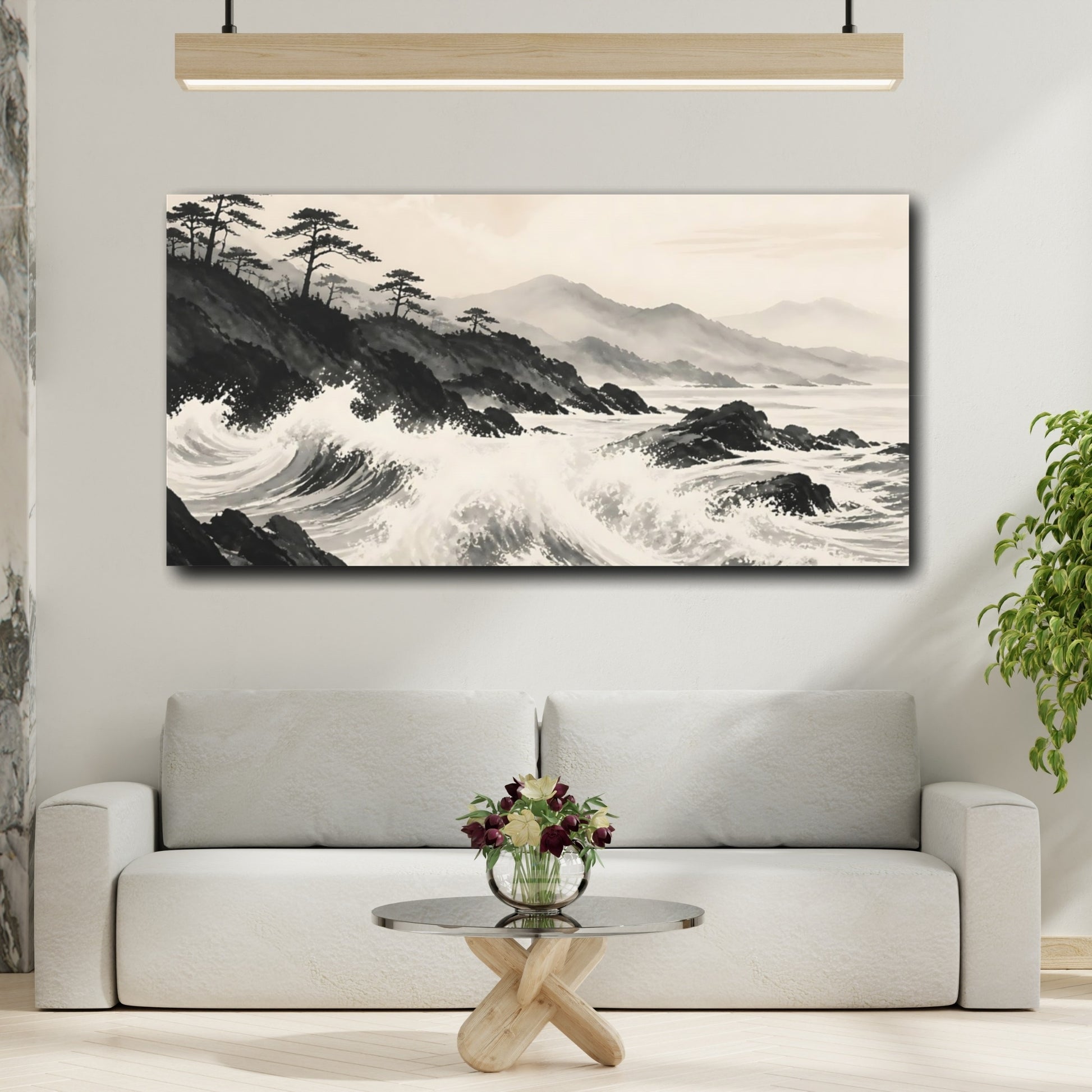 Mockup 2. Nature Ocean Waves Monochrome Landscape shown as stretched canvas wall art