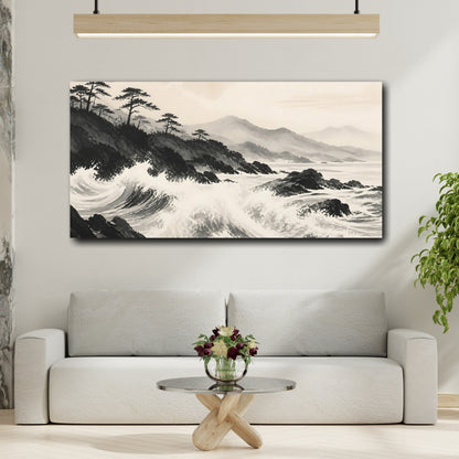Mockup 2. Nature Ocean Waves Monochrome Landscape shown as stretched canvas wall art