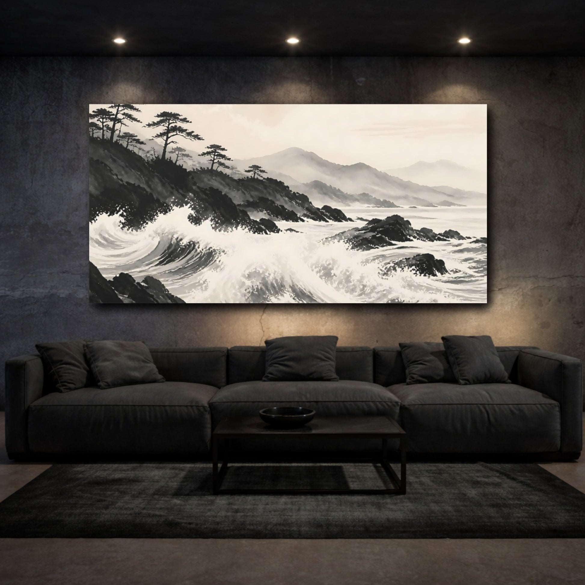 Mockup 3. Nature Ocean Waves Monochrome Landscape shown as stretched canvas wall art