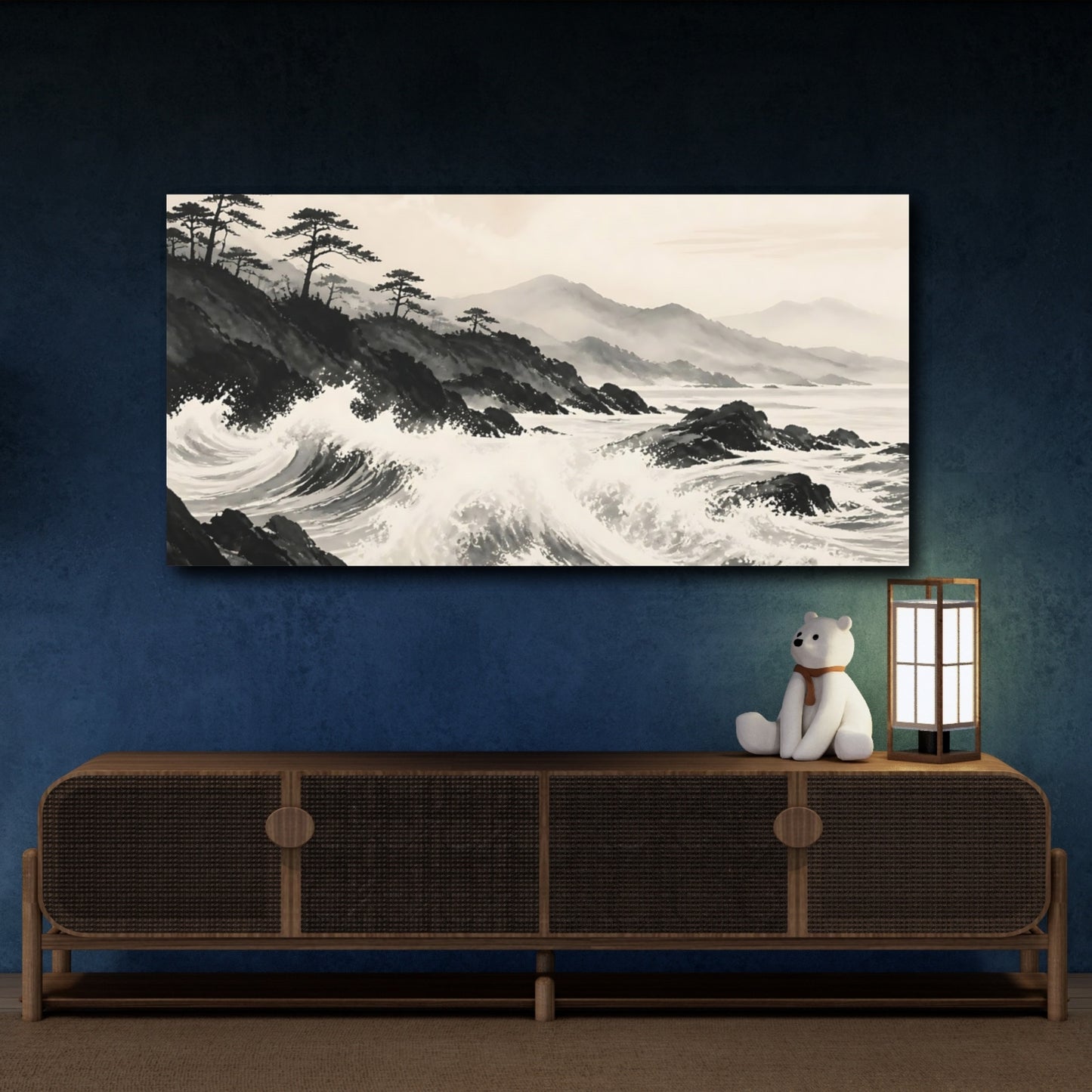 Mockup 4. Nature Ocean Waves Monochrome Landscape shown as stretched canvas wall art